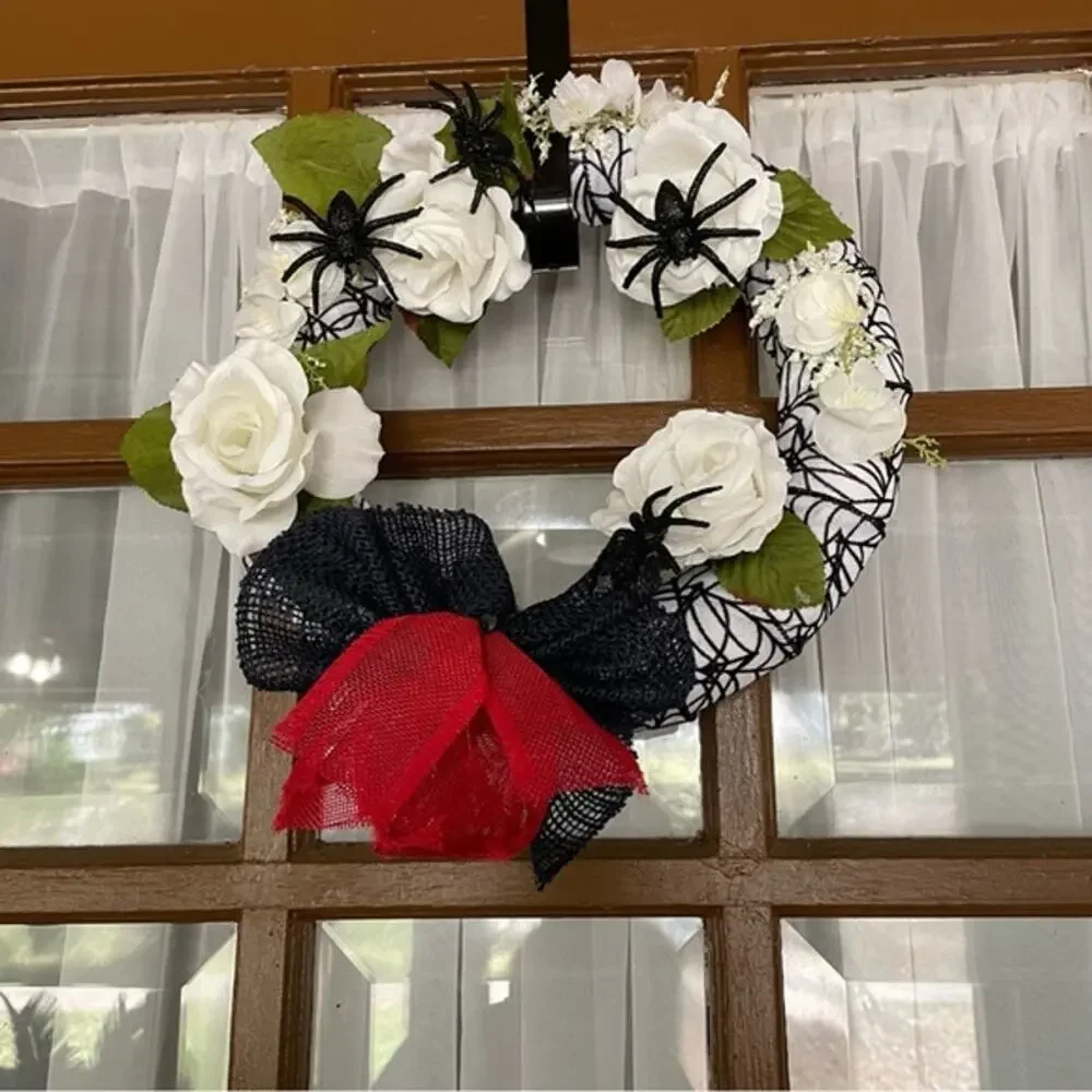 Halloween Spider Wreath White Roses Black Bow 11